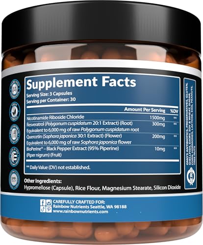 2010 MG NAD+ Supplement- Nicotinamide Riboside, Resveratrol, Quercetin & BioPerine® (High Absorption)- Natural NAD Booster for Anti-Aging, Cellular Energy, Skin- For Women & Men- 90 V Capsules Rainbow Nutrients, LLC uk supplements