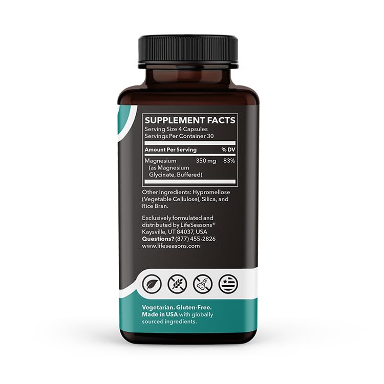 LifeSeasons Magnesium Glycinate 350 mg – Highly Absorbable Magnesium Supplement for Sleep Support, Calm Mood & Muscle Relaxation – Vegan, Gluten‑Free, 120 Vegetarian Capsules LifeSeasons uk supplements