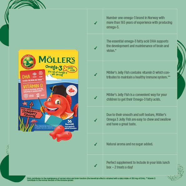 MÖLLER'S Omega 3 Capsules, Natural Fish Oil Omega3 for Kids with DHA and EPA, No Gluten, Lactose or Added Sugar & Easy to Chew, Strawberry Flavor, 36 Capsules MÖLLER'S uk supplements