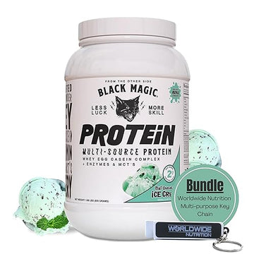 Worldwide Nutrition Bundle, 2 Items: Black Magic Multi-Source Protein Powder - Whey, Egg Albumin Enzymes, Micellar Casein & MCTs - Muscle Mass Gaining - Mint Chocolate Flavor - 2 LB and Keychain Worldwide Nutrition uk supplements