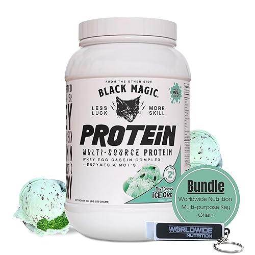 Worldwide Nutrition Bundle, 2 Items: Black Magic Multi-Source Protein Powder - Whey, Egg Albumin Enzymes, Micellar Casein & MCTs - Muscle Mass Gaining - Mint Chocolate Flavor - 2 LB and Keychain Worldwide Nutrition uk supplements