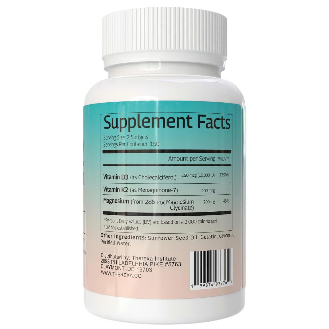 THEREXA Vitamin D3 K2 Magnesium Supplement - Extra Strength with 10000 IU Vitamin D3, Magnesium Glycinate and 200 mcg K2 MK-7 Vitamin Supplements Complex, for Women & Men - 300 Softgels THEREXA uk supplements