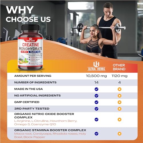 Ultra Creatine Pills Muscle Growth 9800mg Creatine Monohydrate Capsules w Ginseng ULTRA HERBS uk supplements