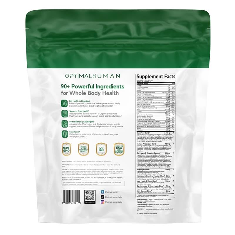 Optimal Human Superfood Greens Powder – 90+ Ingredient Blend with Lion’s Mane Supplement, Ashwagandha & Turmeric – Non-GMO, Soy-Free, Mushroom Supplements for Women – 20 Sachets O H uk supplements