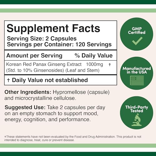 Ginseng Capsules (Korean Red Ginseng Extract, Panax Ginseng 10% Ginsenosides) Double Wood Supplements uk supplements