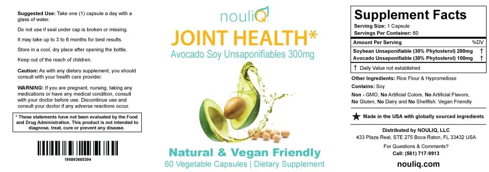 NOULIQ Natural & Vegan-Friendly Joint Health Supplement, Avocado Soy Unsaponifiables 300mg, Non-GMO, Free of Any Gluten, Artificial Colors or Flavors, Dairy and Shellfish, 60 Day Supply. NOULIQ uk supplements