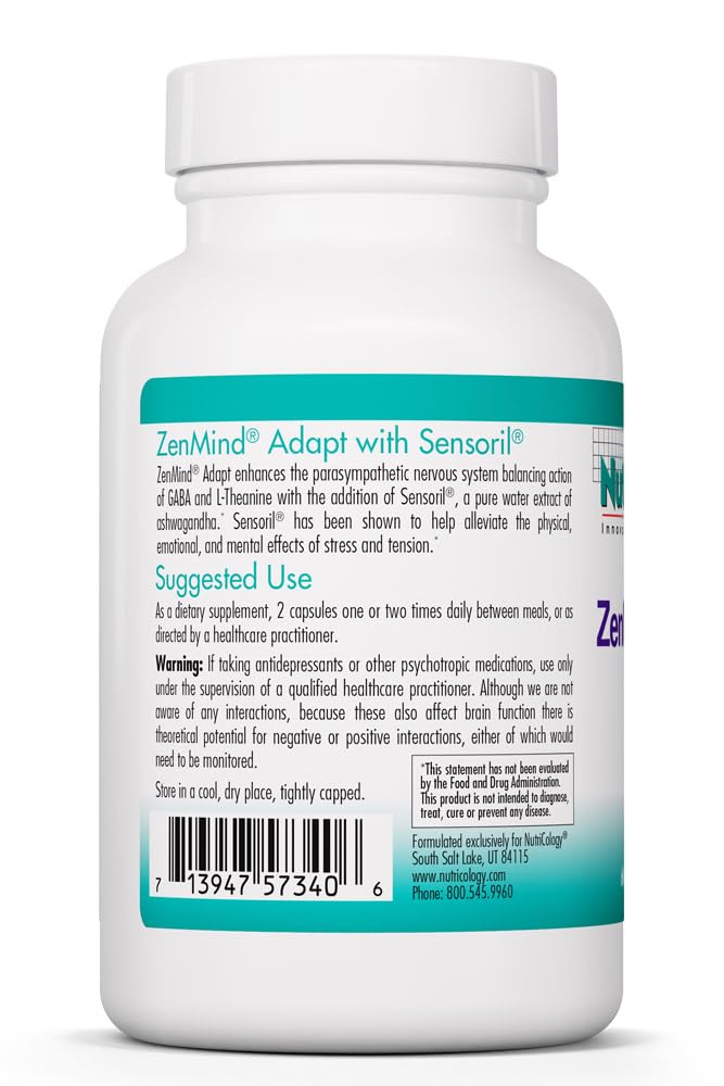 NutriCology ZenMind Adapt - 200 mg L-Theanine, 125 mg Ashwagandha & 550 mg GABA - Supports Stress Response and Calmness - Vegetarian Capsules - Hypoallergenic Formula - 30 Servings - 60 Capsules Allergy Research Group uk supplements