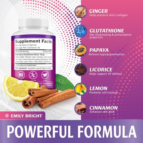 Glutathione Capsules - 1,500mcg Glutathione Supplement - Skin Tone Enhancer - Targets Emily Bright INC uk supplements