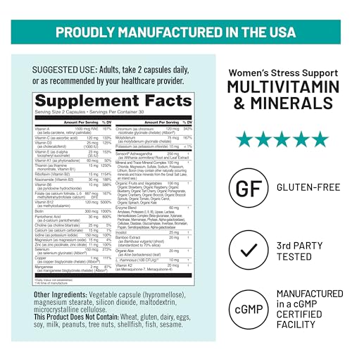 NatureWise Multivitamin for Women + Stress Support with Organic Whole Foods & Natural Minerals - B-Complex + Vitamin C + D3 K2 for Immunity, Hair, Skin & Nails - Non-GMO - 60 Capsules[30-Day Supply] NatureWise uk supplements