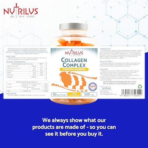 Collagen Complex 90 Natural Pineapple Gummies 500mg - Large Pack - with Biotin & Selenium Nutrilus uk supplements