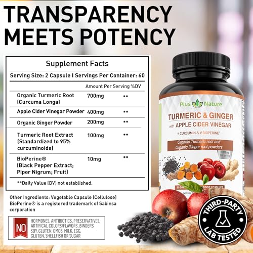 PIUS NATURE Turmeric Curcumin and Ginger with Apple Cider Vinegar, USDA Organic PIUS NATURE uk supplements