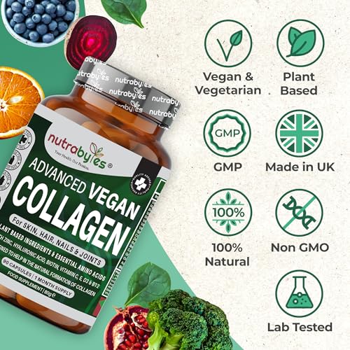 Vegan Collagen Supplement For Skin, Hair, Nails, Joints & Bones with Hyaluronic Acid, Biotin, Lysine, Bamboo Silica, Zinc, Vitamin C, D3, B12, E NUTRABYTES uk supplements