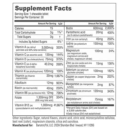 BariatricPal Multivitamin ONE 1 per Day! Bariatric Multivitamin Chewable with 45mg Iron - Mixed Berry (30 Count) BariatricPal uk supplements