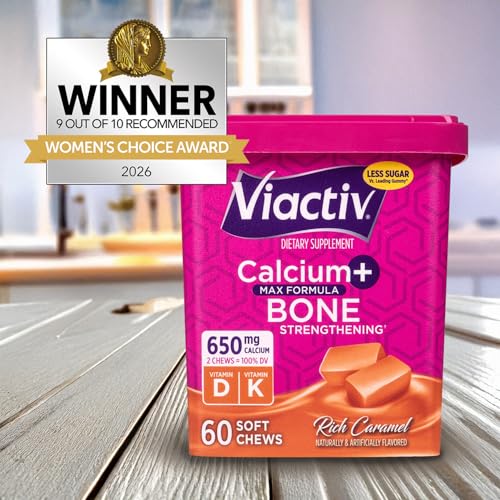 Viactiv Calcium + Vitamin D Supplement Soft Chews for Women & Men - Chewable Calcium for Bone Health Support, 650 mg per Serving, Vitamin D & K for High Absorption - 60 Count, Caramel Viactiv uk supplements