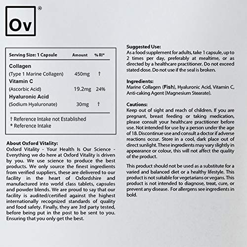 Collagen 450mg, Vitamin C 19.2mg, Hyaluronic Acid 30mg Capsules | Bones & Skin Ov OXFORD VITALITY uk supplements
