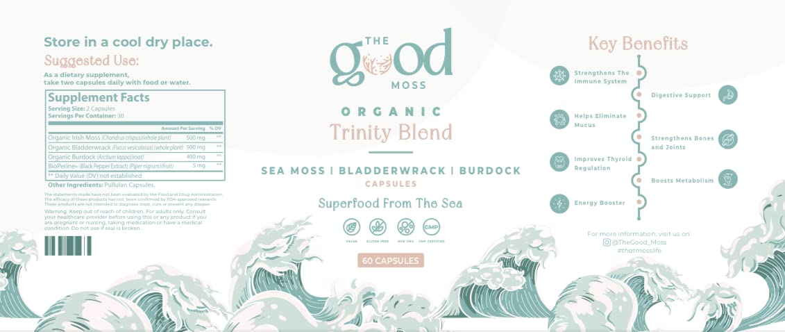 Trinity Blend Superfood -Sea Moss, Bladderwrack and Burdock Root Supplement for Overall Health Support, Hair, Skin and Nails 60ct The Good Moss uk supplements
