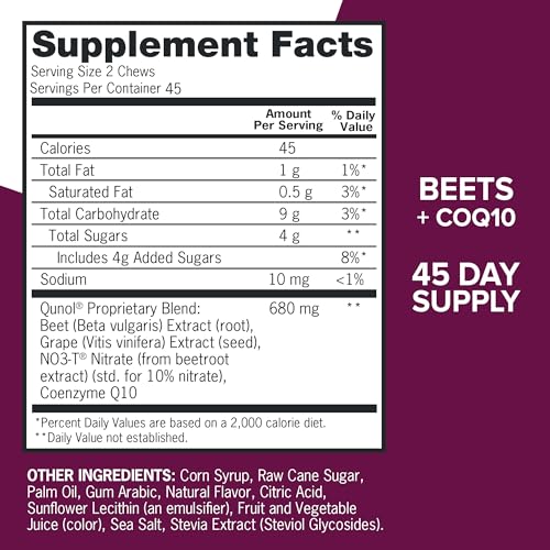 Qunol Beets Chews for Blood Pressure Support, 3 in 1 Beets + CoQ10 + Grape Seed Extract Qunol uk supplements