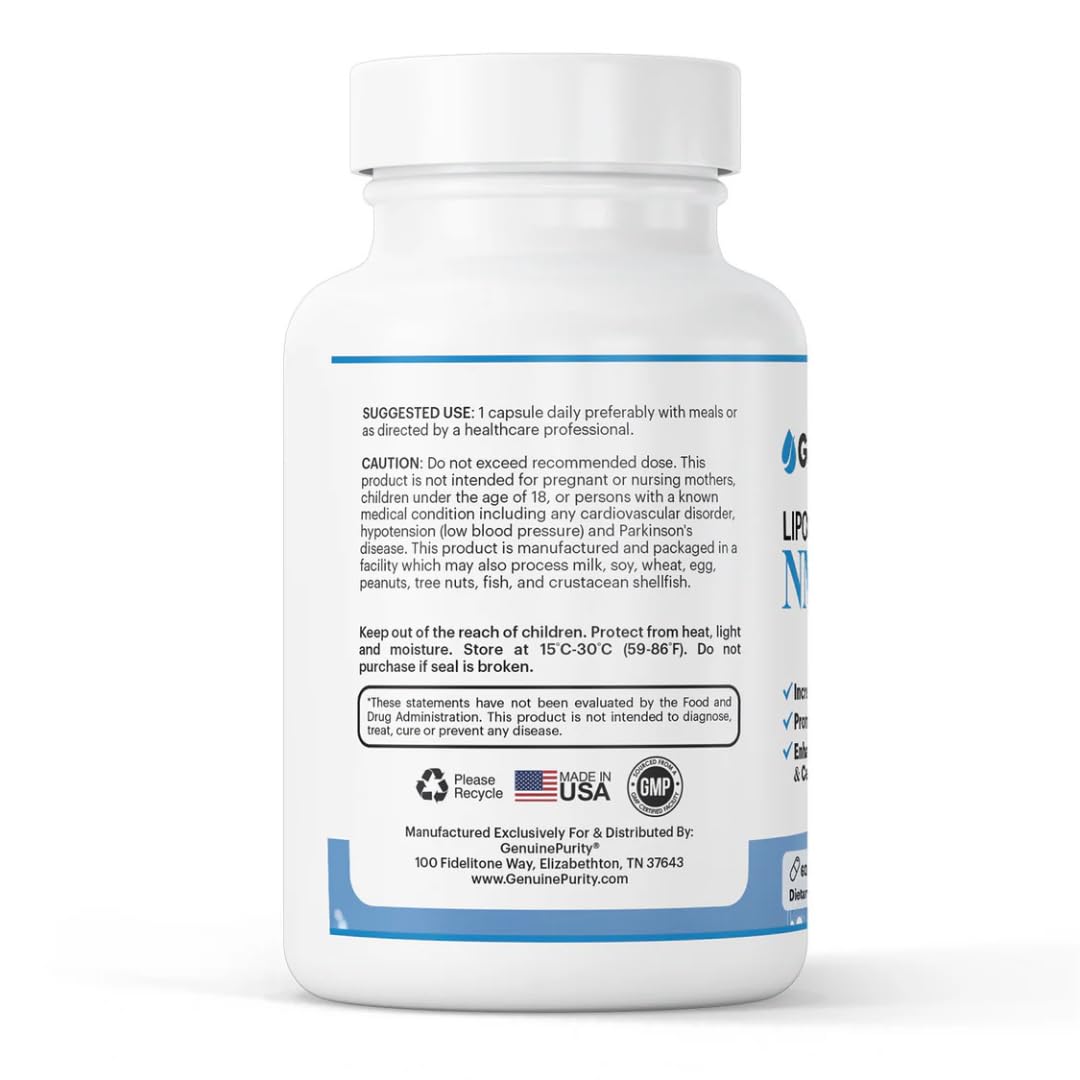 GenuinePurity - 250mg Liposomal NMN Supplement - 60 Vegan Capsules to Support NAD+ Production, Cellular Energy & Healthy Aging - Nicotinamide Mononucleotide for Metabolic Wellness & Immune Support GenuinePurity uk supplements