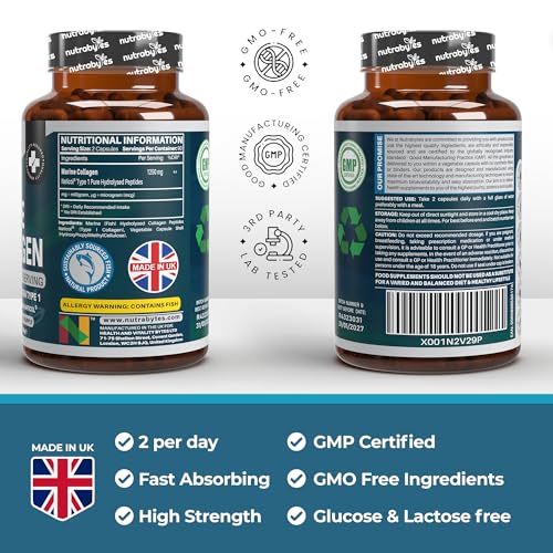 High Strength Marine Collagen Capsules - 1250mg Hydrolysed Collagen Supplement NUTRABYTES uk supplements