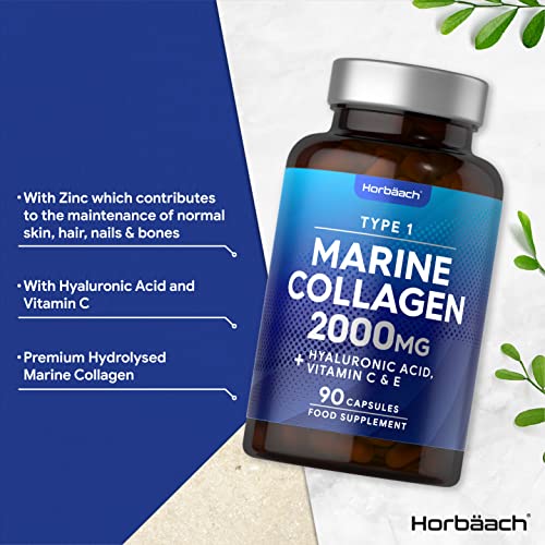 Marine Collagen Capsules | with Hyaluronic Acid, Vitamin C & E | 2000mg | High Strength Type 1 Collagen Horbäach uk supplements