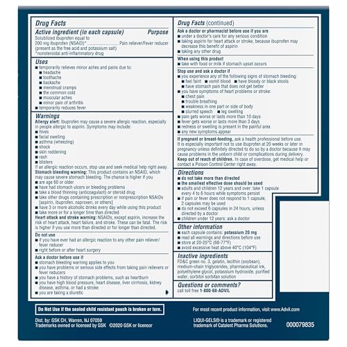 Advil Liqui-Gels Pain Reliever and Fever Reducer, Pain Medicine for Adults with Ibuprofen 200mg for Headache, Backache, Menstrual Pain and Joint Pain Relief - 50x2 Liquid Filled Capsules Advil uk supplements