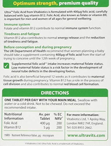Vitabiotics Ultra Folic Acid Tablets 400 mcg Vitamin B9 with Vitamin B12-60 Tablets Vitabiotics Ultra uk supplements