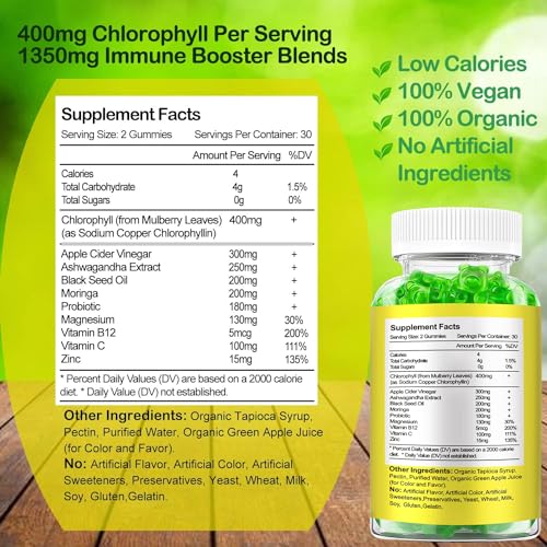 Organic Chlorophyll Gummies with Ashwagandha, Black Seed Oil, Apple Cider Vinegar Sijigood uk supplements