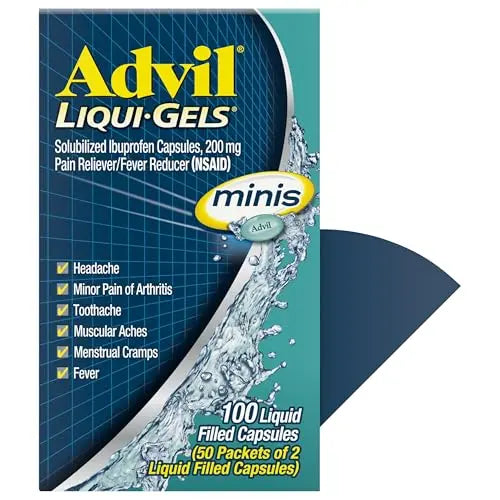 Advil Liqui-Gels minis Pain Reliever and Fever Reducer, Pain Medicine for Adults with Ibuprofen 200mg for Pain Relief - 50x2 Liquid Filled Capsules Advil uk supplements