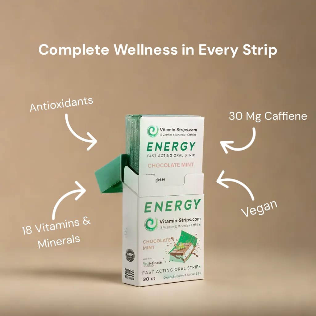 Peak Performance Energy Strips — Vegan, Gluten Free, Soy Free & Sugar-Free Breath Strips w/Caffeine, 18 Vitamins & Minerals — Instant Energy Boost Chocolate Mint Dietary Supplement — 30 Oral Strips Vitamin-Strips uk supplements