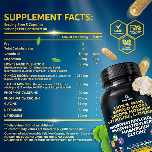 LetaGreen Organic Lions Mane Supplement Capsules - 120 Real Mushrooms Lion's Mane LetaGreen uk supplements