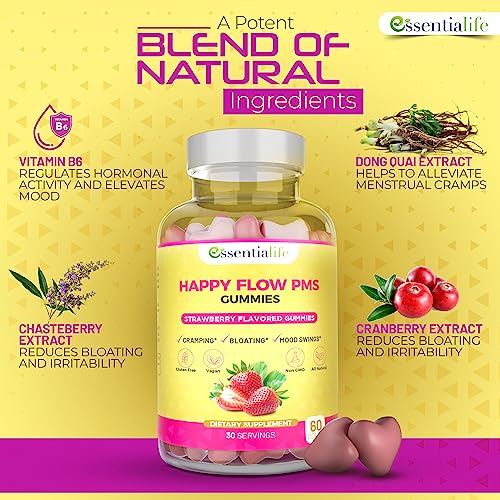 Happy Flow Strawberry-Flavor Chewable PMS Gummies | Hormone Balance Chasteberry Essentialife uk supplements