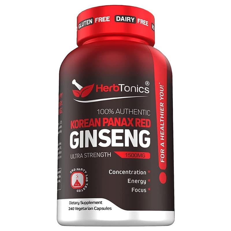 Herbtonics Korean Red Panax Ginseng 1500mg - Energy Supplement for Peak Performance, Focus & Vitality - High Potency Ginseng Root Extract - 240 Vegan Capsules Herbtonics uk supplements