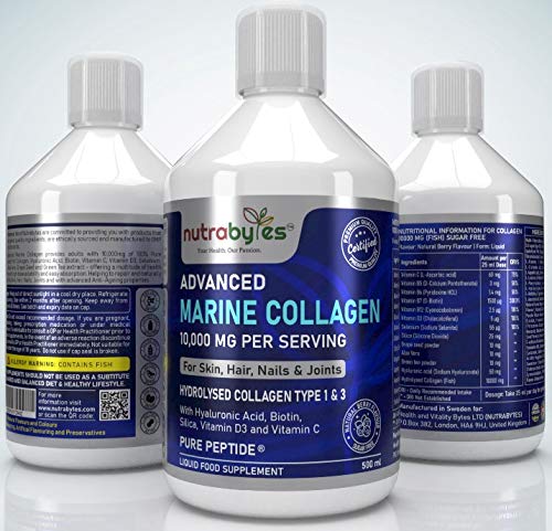 Marine Collagen Liquid 10000mg Sugar Free, Hydrolysed Peptides | Hyaluronic Acid, Biotin, Silica, Vitamin C, Vitamin D3 NUTRABYTES uk supplements