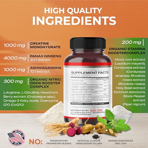 Ultra Creatine Pills Muscle Growth 9800mg Creatine Monohydrate Capsules w Ginseng ULTRA HERBS uk supplements
