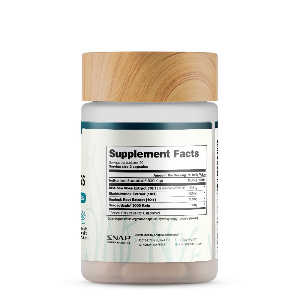 Snap Supplements Irish Sea Moss with Bladderwrack, Burdock Root & Iodine – Natural Sea Moss Supplement to Support Gut Health, Energy & Healthy-Looking Skin, 60 Vegan Capsules (1 Month Supply) Snap Supplements uk supplements