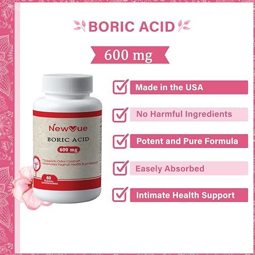NewVue Boric Acid Vaginal Suppositories (600mg, 60 Count) Supports Vaginal pH Balance, Odor Control (USP Medical Grade Fine Powder, Easy Dissolve, Third Party Tested, Made in USA) NewVue uk supplements