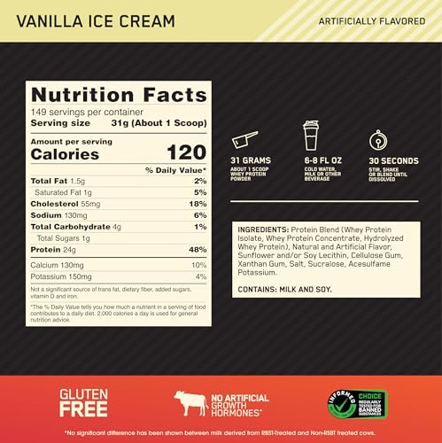 Optimum Nutrition Gold Standard 100% Whey Protein Powder, Vanilla Ice Cream, 10 Pound Optimum Nutrition uk supplements