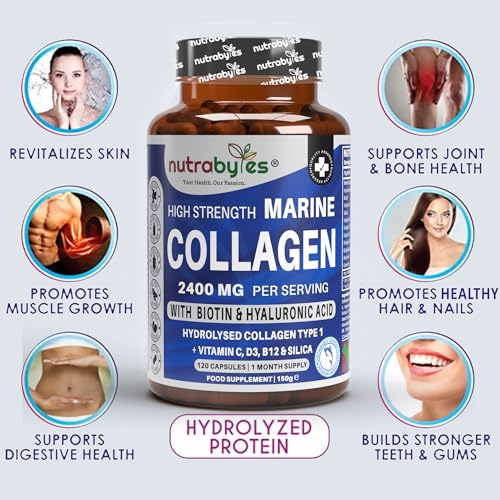 High Strength Marine Collagen 2400mg with Hyaluronic Acid 100mg, Biotin, Vitamin C, D3, B12 and Silica NUTRABYTES uk supplements