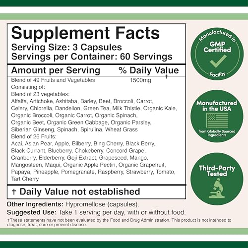 Fruits and Veggies Supplement (Daily Blend of 49 Different Fruits and Vegetables, 23 Veggies and 29 Fruits) 1,500mg Servings, 180 Capsules (No Fillers, Vegan Safe, Non-GMO) by Double Wood Double Wood Supplements uk supplements