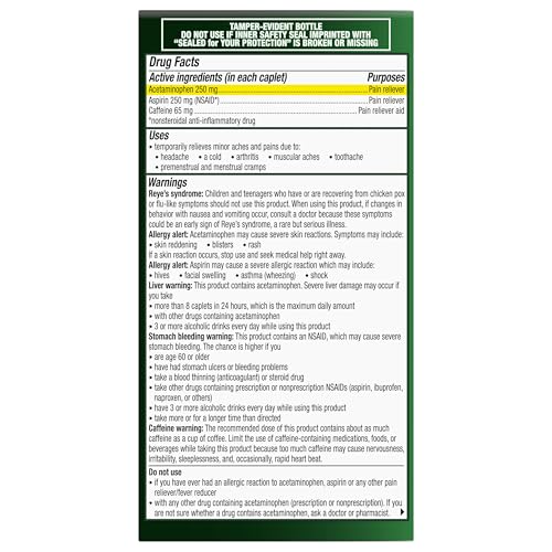 Excedrin Extra Strength Pain Relief Caplets for Headache Relief, Acetaminophen 250mg, Aspirin 250mg, Caffeine 65mg, Pain Reliever, 200 Count Excedrin uk supplements