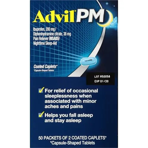 Advil PM Pain Reliever and Nighttime Sleep Aid, Pain Medicine with Ibuprofen for Pain Relief and Diphenhydramine Citrate for a Sleep Aid - 50x2 Coated Caplets Advil uk supplements