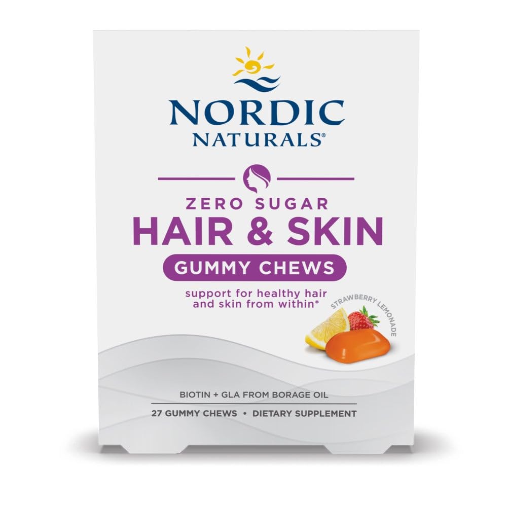 Nordic Naturals Zero Sugar Hair & Skin Gummy Chews, Strawberry Lemonade - 27 Gummy Chews - Biotin + GLA from Borage Oil - Promotes Healthy Balance of Fats in Skin - Non-GMO - 27 Servings Nordic Naturals uk supplements