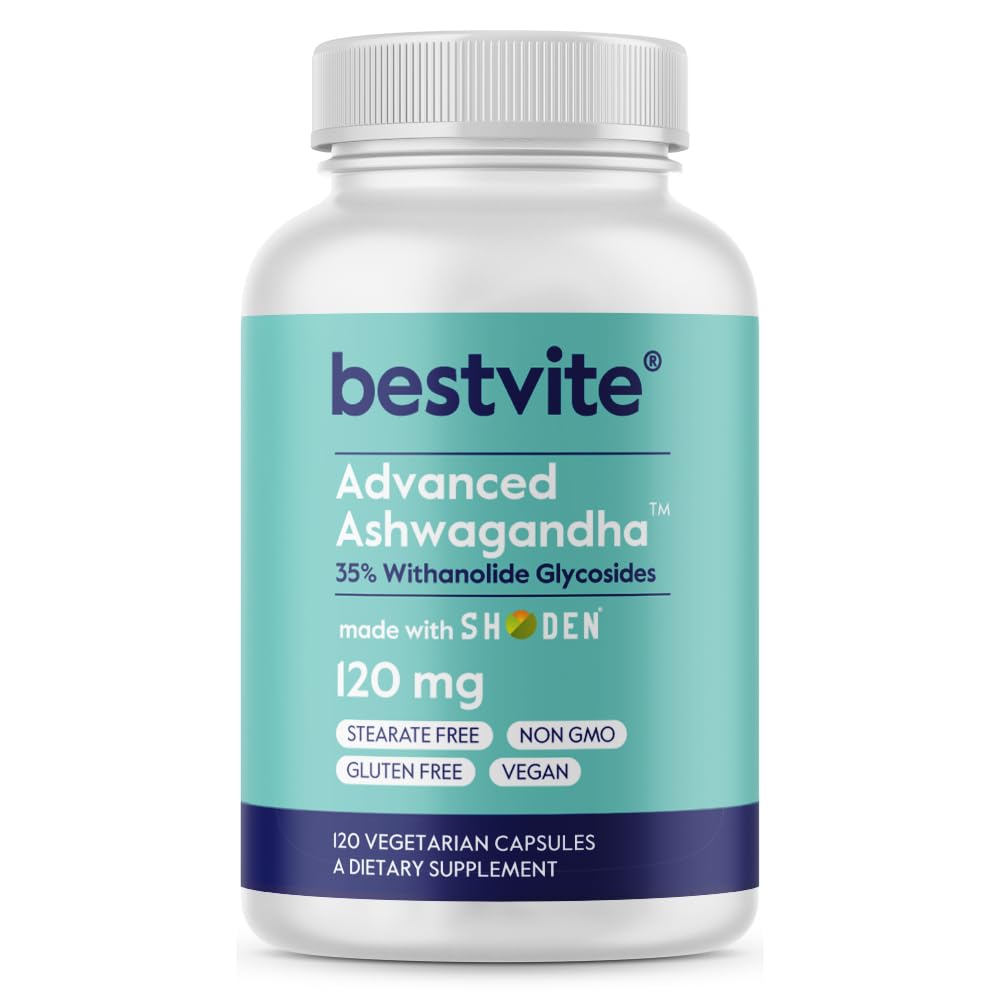 BESTVITE Advanced Ashwagandha 120mg w/Shoden (120 Vegetarian Capsules) - Clinically Studied Containing Industry Leading 35% Withanolide Glycosides - No Stearates - Vegan - Non GMO - Gluten Free BESTVITE uk supplements