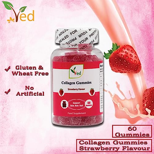 Ved Collagen Gummies; Chew Gummies Strawberry Flavour, Raw Unfiltered Collagen Gummies Ved uk supplements