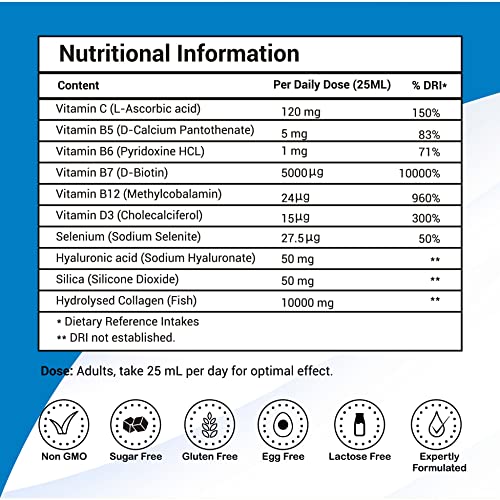 Marine Collagen Liquid 10000mg Sugar Free Berry Flavour, Hydrolysed Peptides, Hyaluronic Acid, Biotin, Silica, Vitamin C, Healthy Skin Pharmanostix uk supplements