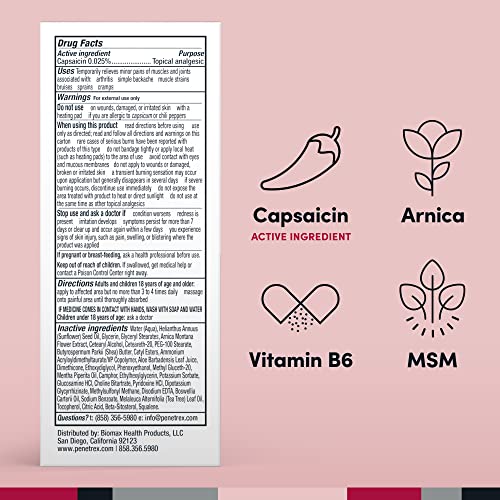 Penetrex Arthritis Warming Pain Relief Cream - Deep Penetrating Capsaicin with Arnica, Vitamin B6 & MSM(DMSO2) - Apply to Hands, Wrists, Feet, Knees, Elbows and Other Affected Areas, 2 oz Penetrex uk supplements