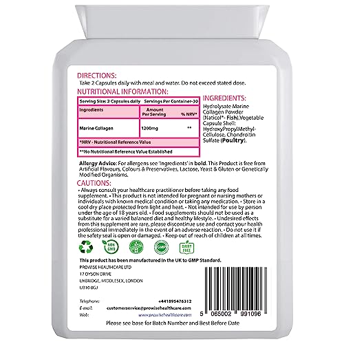Marine Collagen Type 1 and Type 2 1200mg - 60 Capsules | UK Manufactured PH PROWISE Healthcare uk supplements