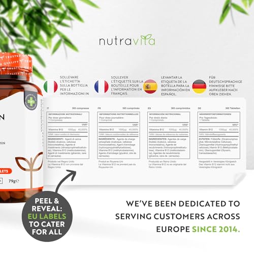 Vitamin B12 1000mcg - 365 High Strength Vegan Tablets (1 Year Supply) - Max Strength Nutravita uk supplements