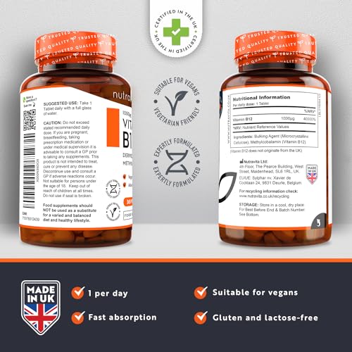 Vitamin B12 1000mcg - 365 High Strength Vegan Tablets (1 Year Supply) - Max Strength Nutravita uk supplements