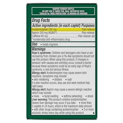 Excedrin Migraine Relief Caplets for Migraine Symptoms, Acetaminophen 250mg, Aspirin 250mg, Caffeine 65mg, Pain Reliever, 24 Count Excedrin uk supplements